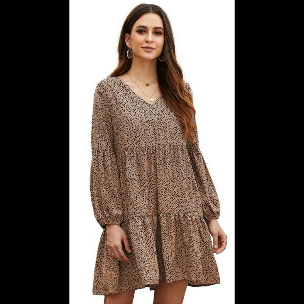 Boho chic ruffle dress animal print brown spring fall dress Boutique style - Picture 3 of 6